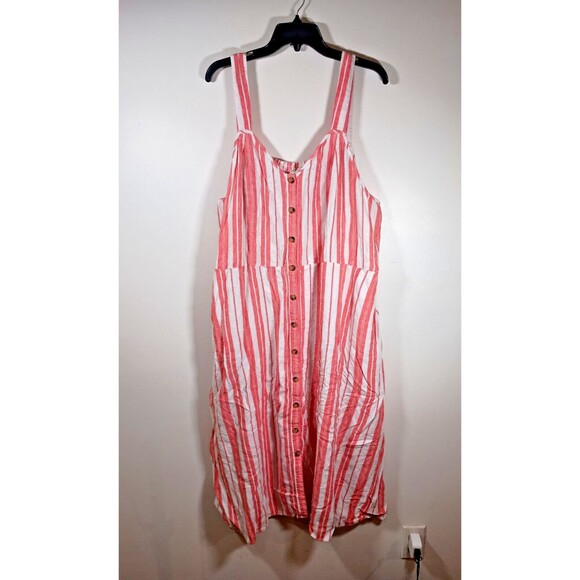 Terra Sky Linen Rayon Maxi Dress Sleeveless Button Dress Pockets Striped Size 3X - Picture 1 of 6